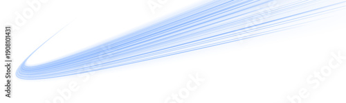 Neon laser blue speed motion lines curve across city road and highway traffic. Light energy wave forms futuristic trail and smooth direction. Flowing water inspires motion. PNG vector.