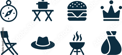 Common objects for outdoor activities, food preparation, and exploration are displayed