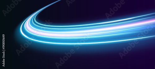 Neon blue laser speed lines move along city road and highway traffic at night. Light motion wave creates futuristic energy trail with glowing direction and color accents. Dynamic vector Illustration..
