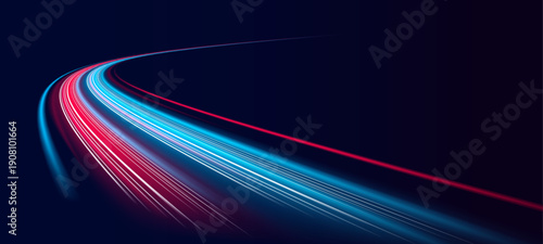 Neon laser motion lines sweep along night city highway road traffic. Light wave energy trail shapes futuristic direction, glowing movement with color highlights police. Vector illustration.