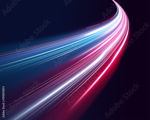 Neon laser speed lines travel across night city highway road traffic. Light motion wave forms futuristic energy trail, race, radiant color accents police. Vector illustration.