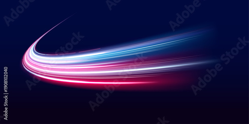 Neon laser motion lines sweep along night city highway road traffic. Light wave energy trail shapes futuristic direction, glowing movement with color highlights police. Vector illustration.