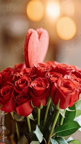 Beautiful bouquet of red roses, with red heart decoration