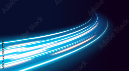 Neon blue laser speed lines move along city road and highway traffic at night. Light motion wave creates futuristic energy trail with glowing direction and color accents. Dynamic vector Illustration..