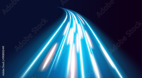 Neon blue laser speed lines move along city road and highway traffic at night. Light motion wave creates futuristic energy trail with glowing direction and color accents. Dynamic illustration.