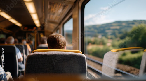Passengers boarding a regional train, showcasing the ease of public transport as they settle into their seats, ready for a convenient journey through the countryside. cinematic color correction,