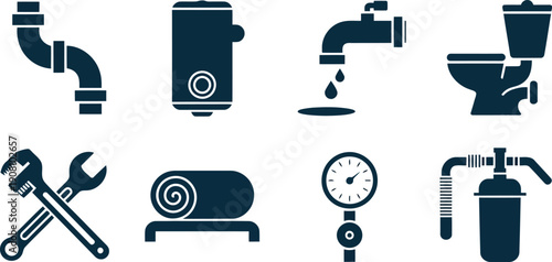 Dark blue plumbing repair and installation icons on a white background depicting various household fixtures and tools