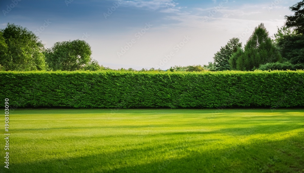 Fototapeta premium lush green hedge neatly trimmed bordering a vibrant lawn ample copy space property blank space