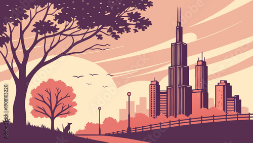 Stylized Sunset Cityscape Vector Illustration