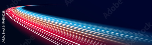 Neon laser motion lines sweep along night city highway road traffic. Light wave energy trail shapes futuristic direction, glowing movement with blue, red highlights police. Vector illustration.