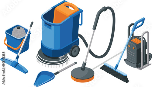Isometric commercial cleaning equipment illustration, mop bucket vacuum floor scrubber broom janitorial tools vector set collection design