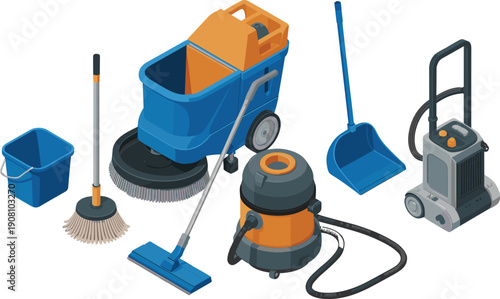 Isometric commercial cleaning tools illustration, mop bucket vacuum floor scrubber broom janitorial equipment vector set collection design