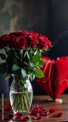 A beautiful bouquet of red roses arranged in a clear glass vase symbolizing love and romance