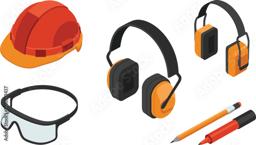 Isometric construction safety equipment illustration, hard hat earmuffs protective goggles and tools, industrial workplace vector gear set