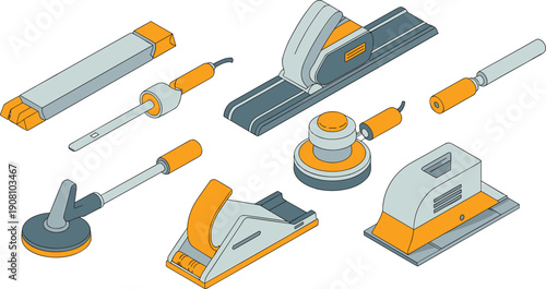Isometric construction power tools set illustration, sanding grinding cutting equipment collection, industrial workshop vector machinery design