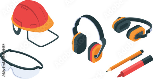 Isometric construction safety gear illustration, hard hat earmuffs protective goggles and marking tools, industrial workplace vector set