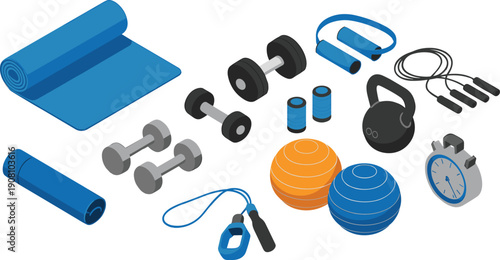 Isometric fitness equipment set, home gym workout gear dumbbells kettlebell yoga mat training illustration collection