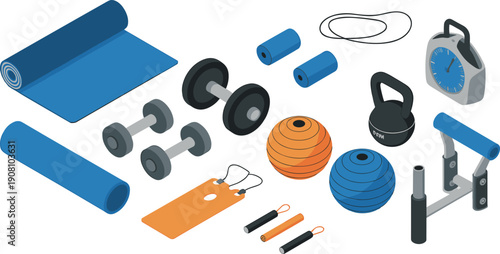 Isometric fitness equipment set, home gym workout tools dumbbells kettlebell yoga mat training illustration collection