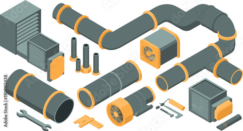 Isometric industrial HVAC ventilation equipment vector set, air ducts fans filters pipe system mechanical illustration design