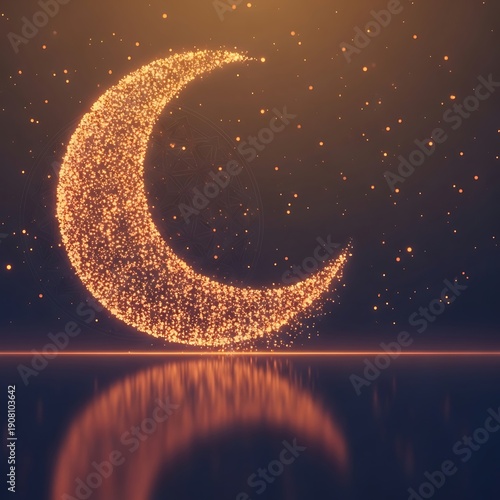 Glowing Crescent Moon Sparkle Particles Reflection Dark Background.