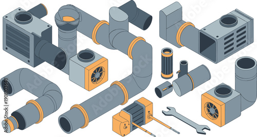Isometric industrial HVAC ventilation components illustration, air ducts fans filters pipe system mechanical equipment vector set design