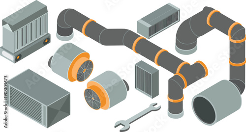 Isometric industrial ventilation and duct system illustration, HVAC pipes fans filters workshop air equipment vector set design