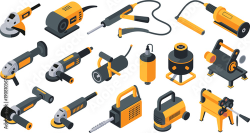 Isometric industrial power tools illustration, electric grinder cutter welding equipment workshop hardware construction vector set collection design