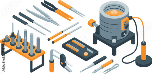 Isometric jewelry furnace and metalworking tools illustration, precision crafting equipment set, industrial workshop vector scene design