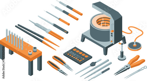 Isometric jewelry workshop furnace and precision metalworking tools illustration, crafting equipment set, industrial vector studio scene
