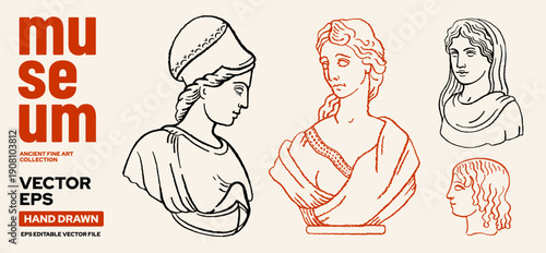 Ancient Greek statue. Woman goddess from Antique Greece sculpture. Greek or Roman ancient art line illustration. Mythology portrait of Athene Pallas, Aphrodite or Venus and Hera. Doodle female statue