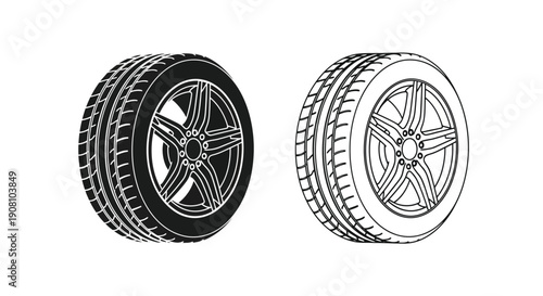 Two car tires depicted in a black and white line art style
