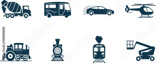 Diverse dark blue vector icons showcasing various transportation and industrial vehicles