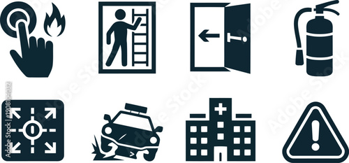 Diverse safety and emergency icons featuring fire alarms, entry points, damaged vehicle, and central focus directions