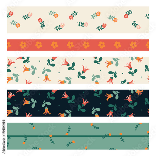 Коллекция цветочных лент васи на белом фоне. иллюстрация - цветные полоски с бесшовным цветочным узором и милым растением.