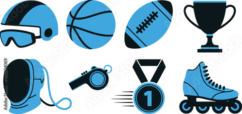 Diverse set of athletic equipment and championship icons for various competitive and recreational activities