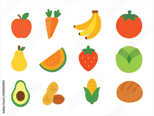 Healthy food icon pack with fruits, vegetables, and grains in flat modern colorful minimal vector design with transparent background.