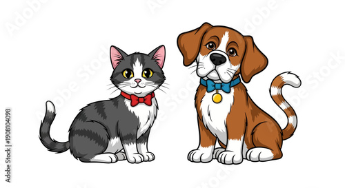 Cartoon cat and dog companions posing together on white background