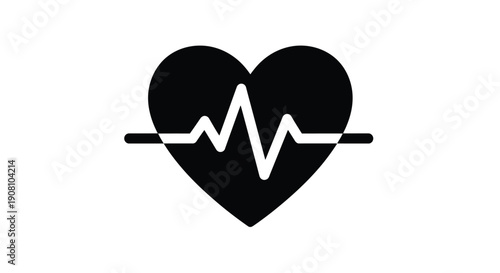 A black heart shape with a white electrocardiogram line running through it