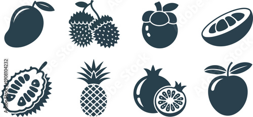Eight dark monochromatic icons displaying whole and sliced tropical fruits including mango, durian, and pineapple