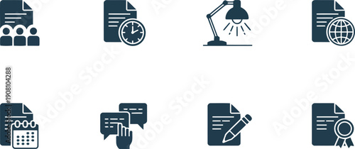 Eight dark blue flat icons representing various business administration and document management concepts