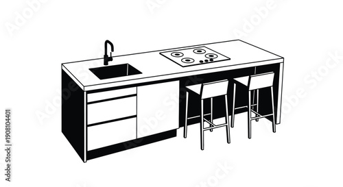 Simple black and white illustration of a kitchen island with seating