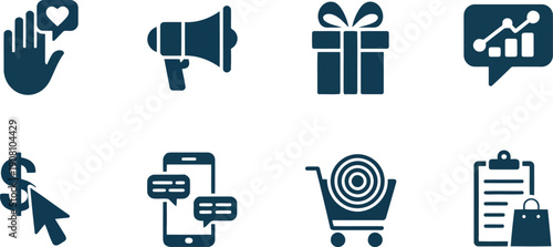 Eight minimalist dark blue icons depicting concepts of e commerce, digital communication, and business analytics