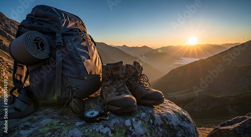 Hiking gear on a mountain peak at sunset illustration