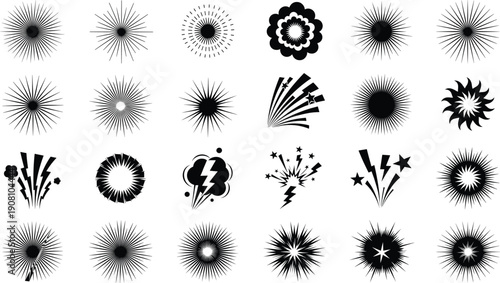 Vector explosion burst icons, dynamic comic-style impact effects, energetic starburst illustrations, black-and-white design elements collection