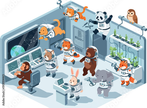 Animals in lab coats working together on a space mission project in a futuristic laboratory environment from an isometric viewpoint