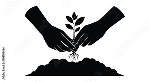 Hands gently holding a small plant with roots in soil