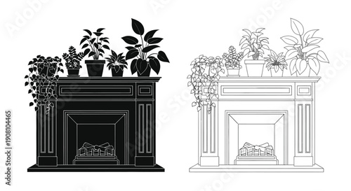 Black and white line drawing of a mantelpiece with potted plants
