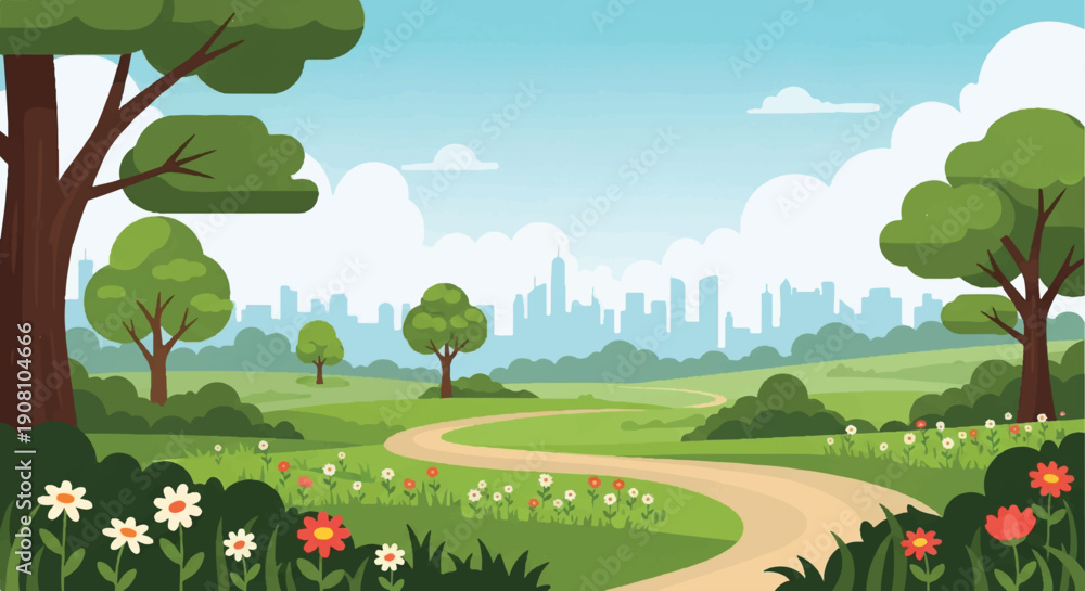 Fototapeta premium Serene Cartoon Landscape with Winding Path, Vibrant Trees, Flowers, Distant City Skyline, and Blue Cloudy Sky