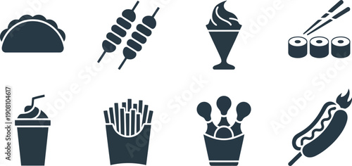 Eight simple black silhouette icons representing different quick service and street food options on white