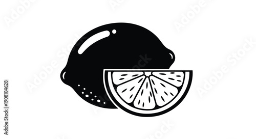 A black and white illustration of a whole and halved lemon